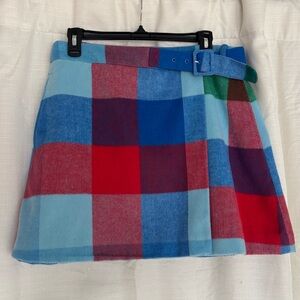 Blue, Red, and Green Plaid Faux Wrap Skirt with Pockets